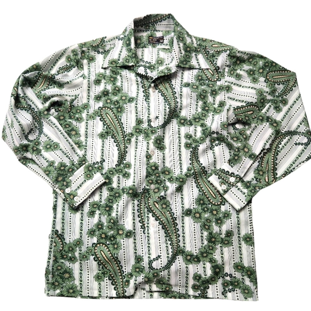 Vintage 70s Disco JC Penney Green Floral Polyester Shirt Size M 15 -15.5